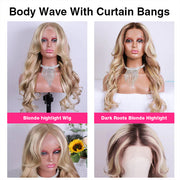 Curtain Bangs Blonde Hair With Highlights Wig Body Wave Dark Roots Blonde Highlight Human Hair Wigs