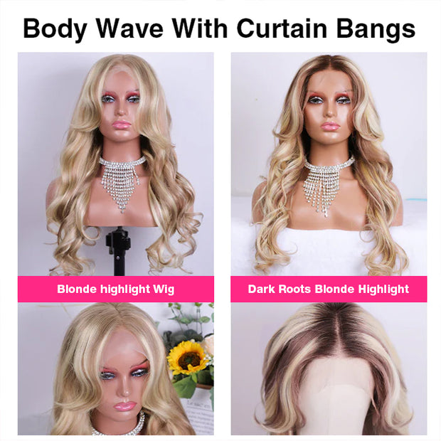 Cynosure Curtain Bangs Glueless Ash Blonde Highlights Wig #18613 Human Hair Wigs With Dark Roots 14 Inch To 28 Inch