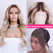 Curtain Bangs Blonde Hair With Highlights Wig Body Wave Dark Roots Blonde Highlight Human Hair Wigs