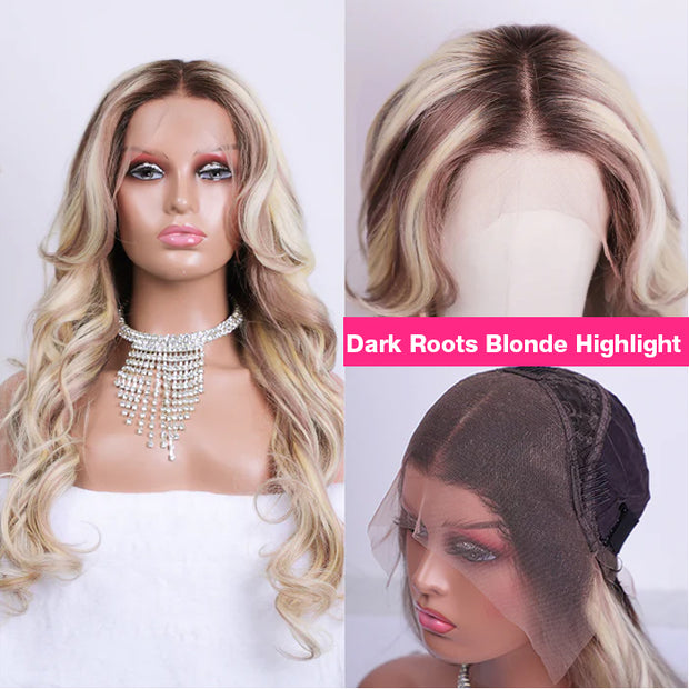 Cynosure Curtain Bangs Glueless Ash Blonde Highlights Wig #18613 Human Hair Wigs With Dark Roots 14 Inch To 28 Inch