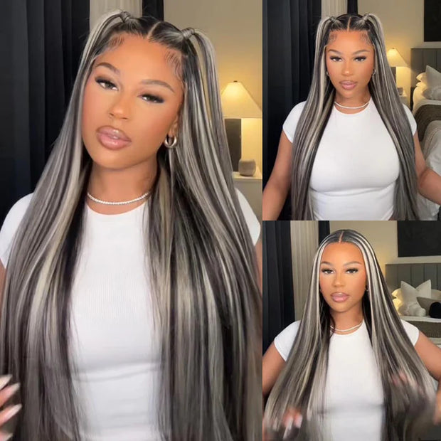 Cynosure Platinum Gray Highlights Mix Black Straight Wigs 5X5 13x4 13x6 Undetectable HD Lace Front Wig 100% Human Hair