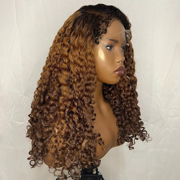4c Edges Ombre Brown Culry Human Hair Lace Wig Natural Kinky Culry Edges Undetectable HD Lace Front Wig