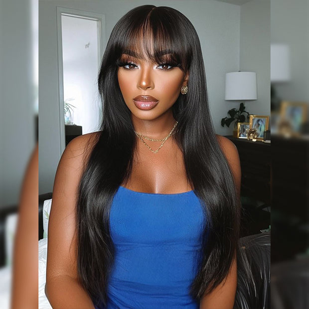 Wipsy Bangs Butterfly Layered Straight Wig Pre Cut 13x4 HD Lace Human Hair Wigs With Adjustable Strap