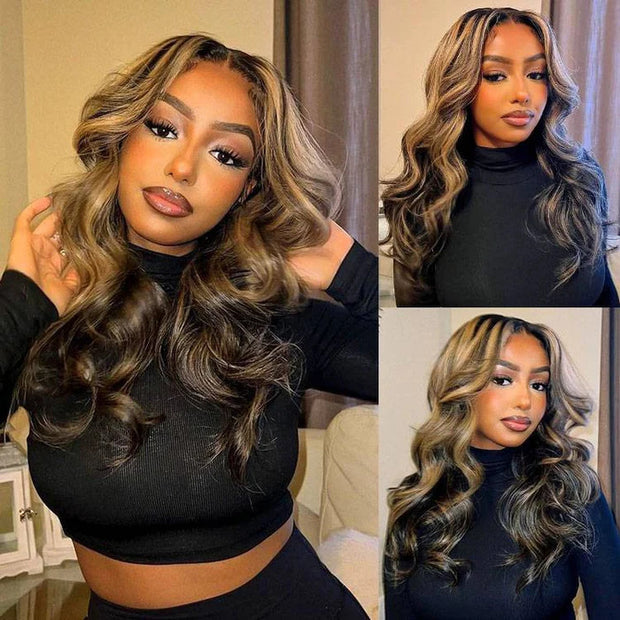 Glueless Curtain Bangs Body Wave Pre Cut HD Lace Wig Butterfly Hair Cut Highlight Honey Blonde Wig