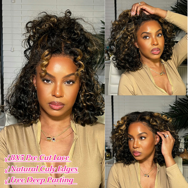 4c Edges Hairline丨#1B/27 Highlight Culry Human Hair Lace Wig Effortless Kinky Culry Edges 13X4 Undetectable HD Lace Front Wig