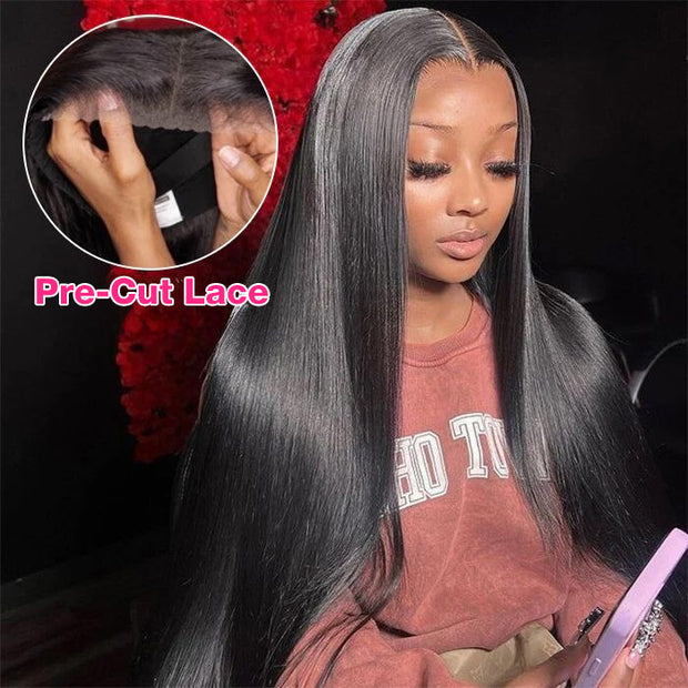 Pre-Bleached Knots Pre-Cut Lace Wig Glueless Wear & Go Straight Human Hair Wig With Pre-plucked Hairline