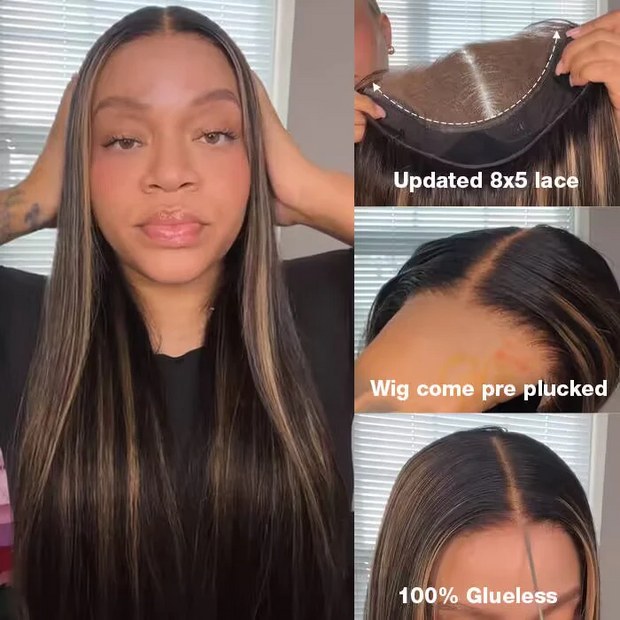 Pre-All Glueless Balayage Pre Bleached Wear Go 220% Density 8x5 HD Lace Highlights Body Wave Wig