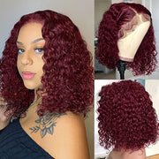 Flash Sale-99J Burgundy Curly Short Bob Wigs 13x4 Lace Frontal Human Hair Wig