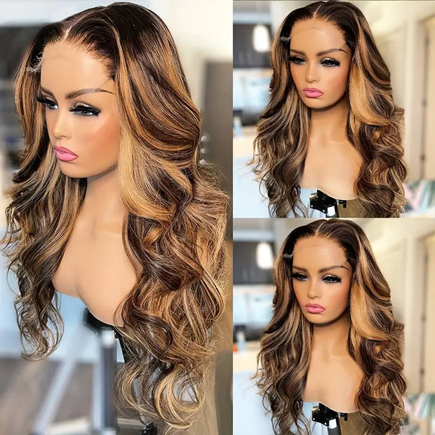 Clearance Sale-Honey Blonde Highlight Straight/Body Wave HD Lace Human Hair Wig
