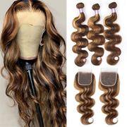 Highlight Body Wave Human Hair 3 Bundles with 4x4 Lace Closure P4/27