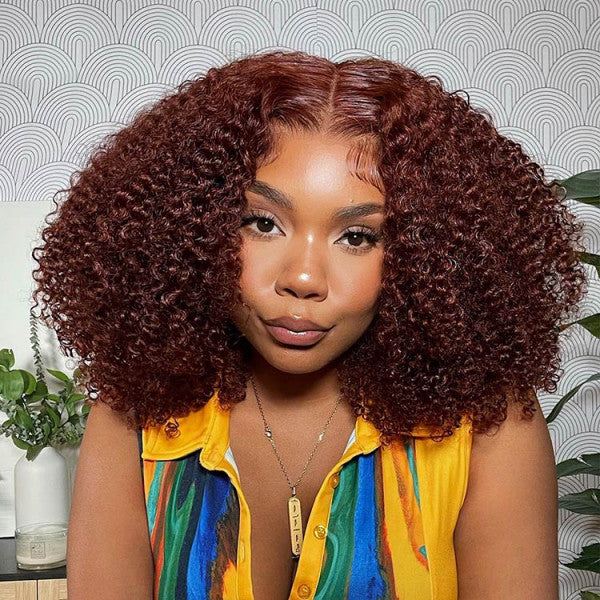 220% Reddish Brown Glueless Deep Curly Pre-cut HD Lace Wig Upgrade 8X5 Lace Short Layered Cut Bouncy And Fluffy Curly Wig