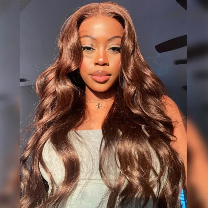 Chocolate Brown Colored 13*4 HD Lace Front Body Wave Wigs With Pre-plucked Hairline Human Hair Wigs