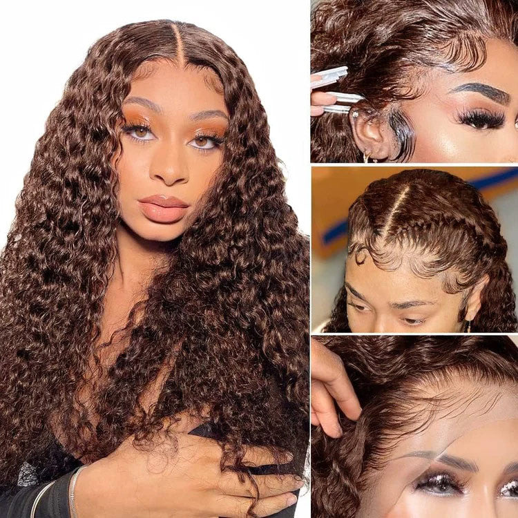 Flash Sale Chocolate Brown 360 Lace Frontal Wigs With Hidden Strap Ready & Go Affordable Human Hair Wigs 220% Density