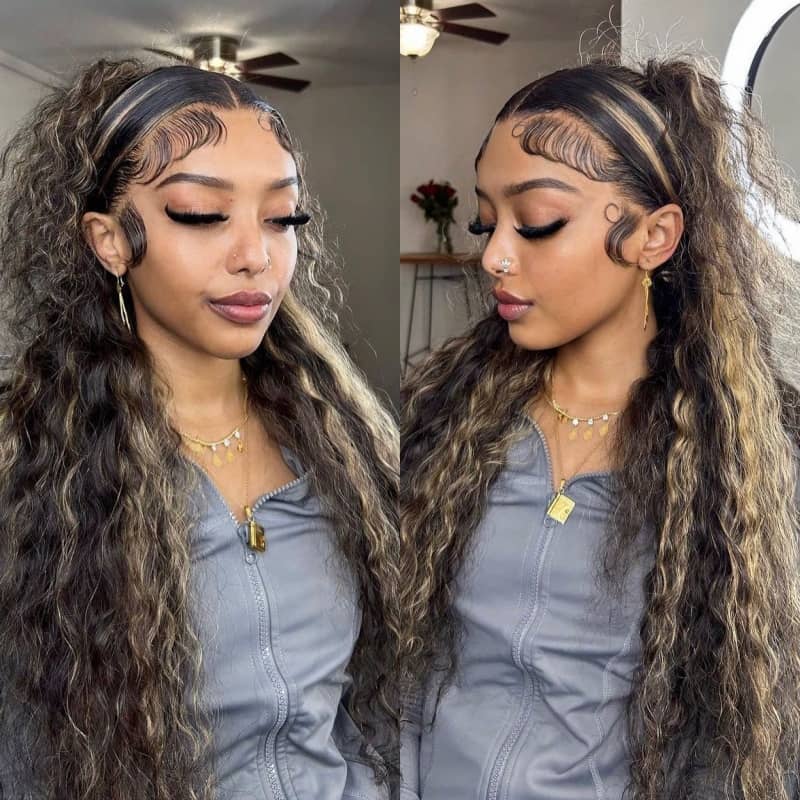 Blonde Highlight Water Wave Pull & Go Hidden Strap 360 Skin Lace Frontal Wig Balayage Highlight Pre-cut & Pre-bleached Human Hair Wig Cozy & Sung Fit
