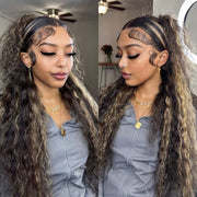 250% Water Wave Pull & Go Hidden Strap 360 Skin Lace Frontal Wig Balayage Highlight Blonde Highlight Pre-cut & Pre-bleached Human Hair Wig Cozy & Sung Fit