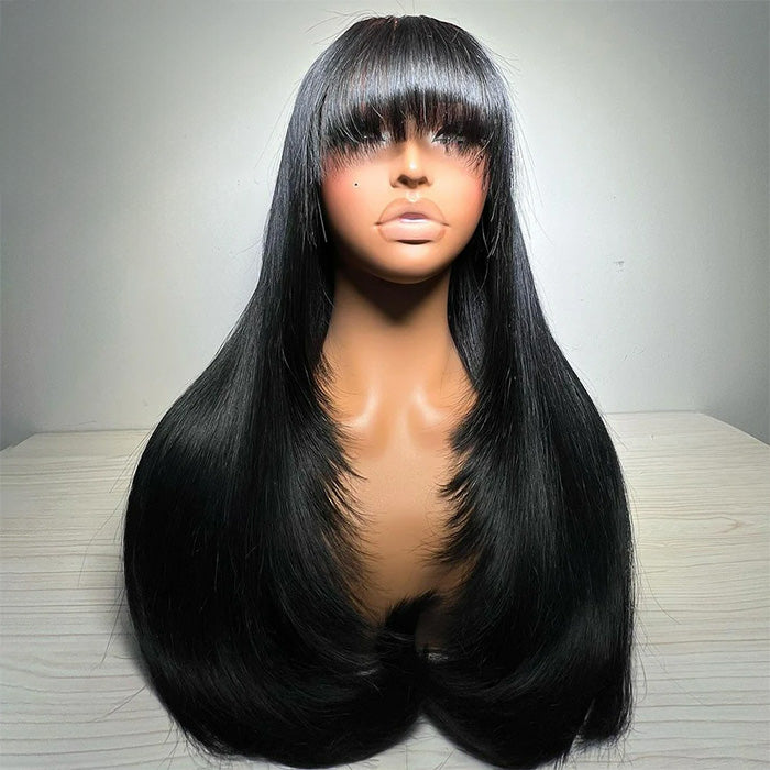 Silky Straight Layered Cut Glueless Wig With Bangs HD Lace Lace Front Human Hair Wig 16-30 Inches