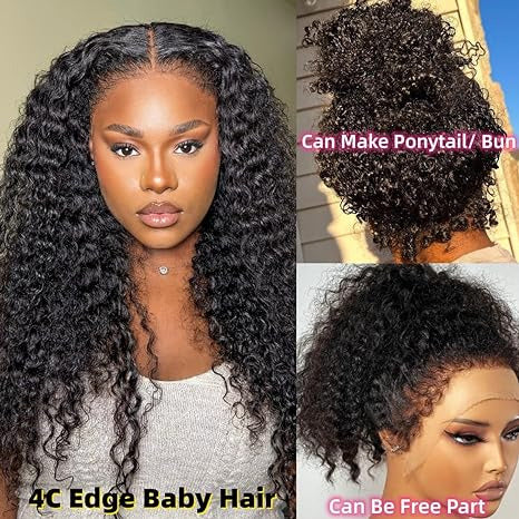 4C Edges Glueless 360 Lace Frontal Wigs With Hidden Elastic Strap kinky Straight or Curly Affordable Snug Fit Human Hair Wigs