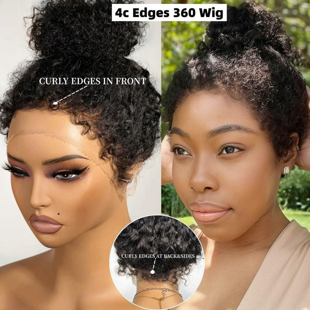 4C Edges Glueless 360 Lace Frontal Wigs With Hidden Elastic Strap kinky Straight or Curly Affordable Snug Fit Human Hair Wigs