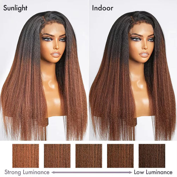 Kinky Edges Ombre Auburn Color Kinky Straight Lace Wig Quality Glueless HD Lace Human Hair Wig For Black Women