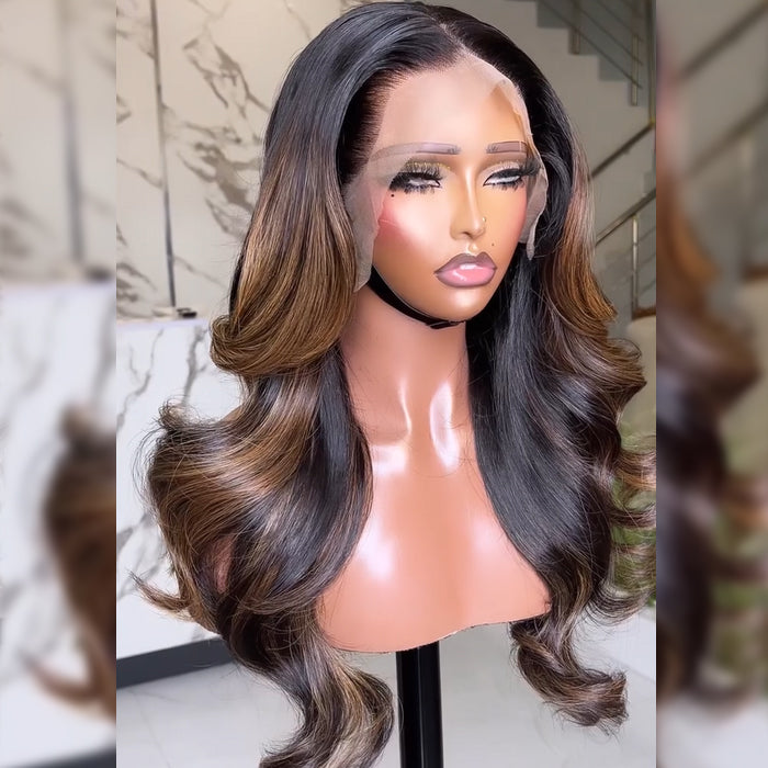 Ombre Blonde Balayage Mixed Color Glueless Body Wave Human Hair Skin Melt HD Lace Front Human Hair Wigs For Women