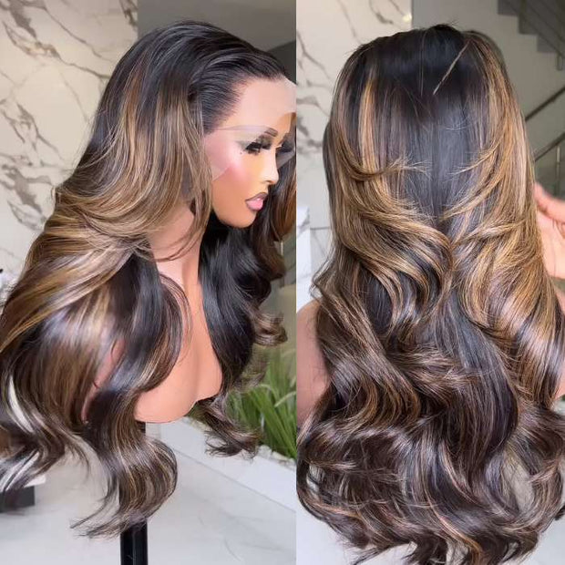 Ombre Blonde Balayage Mixed Color Glueless Body Wave Human Hair Skin Melt HD Lace Front Human Hair Wigs For Women