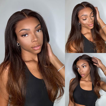 Pre-Bleached Black And Rich Brown Ombre Color Pre Cut Lace Wig 8x5 Glueless Human Hair Wig