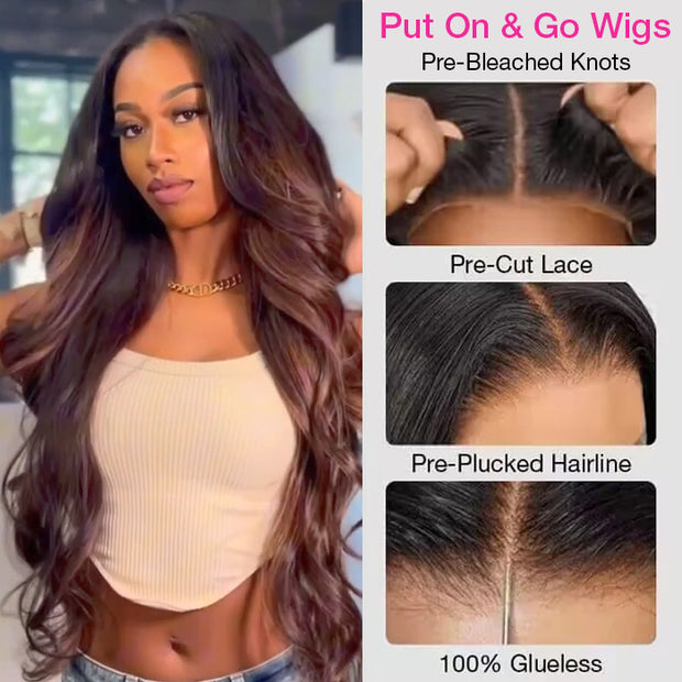 Ombre Chestnut Brown Body Wave Glueless Wig With Dark Roots Put On & Go 13x4 Pre Cut Lace Front Wig