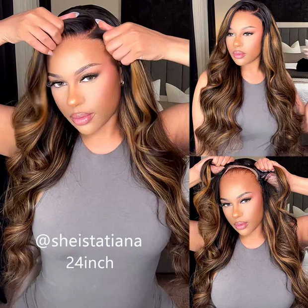 Pre All|Glueless 3D Body Wave Highlights Ombre Brown 13X4 Pre Cut HD Lace Wigs Pre Bleached Pre Plucked Human Hair Wig