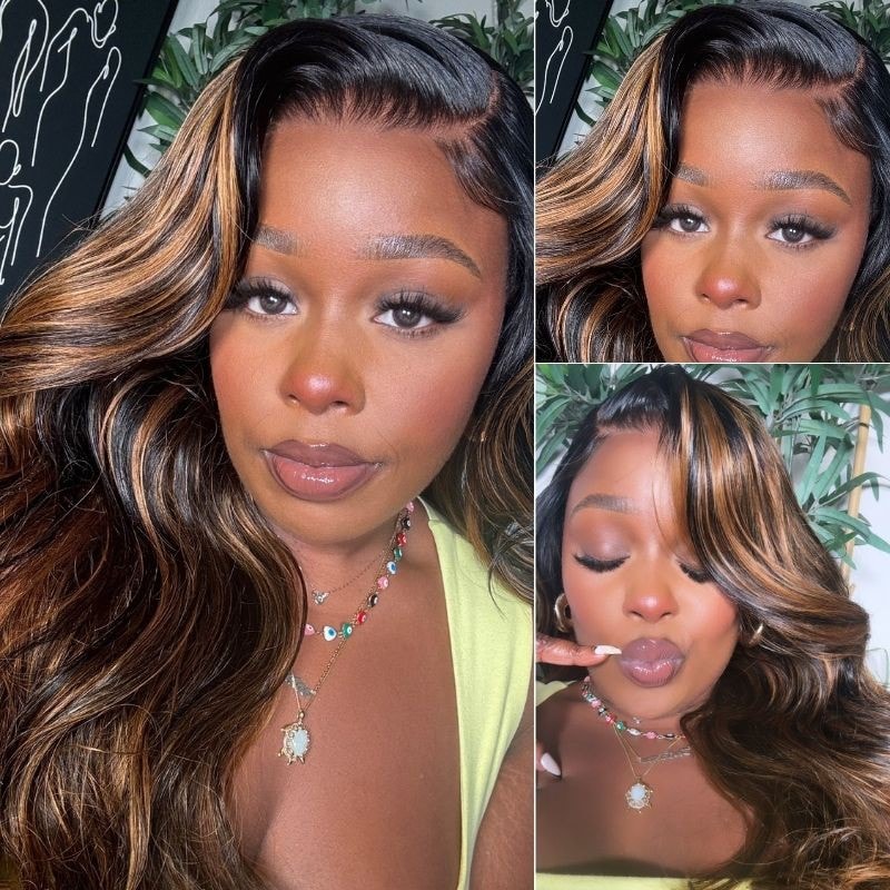Pre All|Glueless 3D Body Wave Highlights Ombre Brown 13X4 Pre Cut HD Lace Wigs Pre Bleached Pre Plucked Human Hair Wig