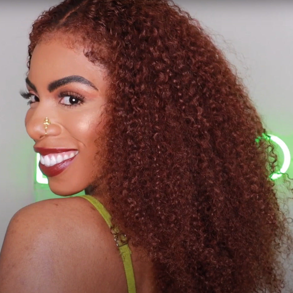 4C Edges Reddish Brown Curly Lace Wig Quality Glueless HD Lace Human Hair Wig For Black Women