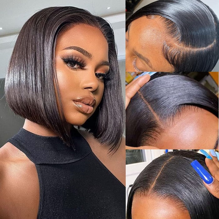 220% Straight Blunt Cut HD Lace Bob Wig Human Hair Wigs Pre Plucked Pre Bleached knots