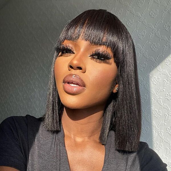 Glueless Straight BOB Wig With Bangs 1x2.75 Natural Top Scalp HD Lace Human Hair Wigs 220% Density