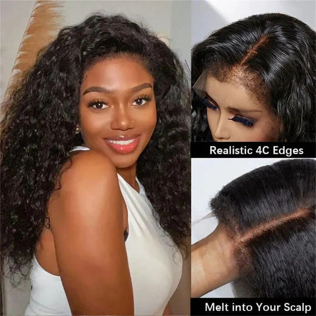 Real Kinky Edge Hairline Water Wave Lace Front Wig Pre Bleached Pre Plucked HD Lace Human Hair Wigs For Black Women