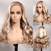 Light Brown Wig With Blonde Highlights And Dark Root 13x4 Undetectable Invisible HD Lace Front Human Hair Wigs