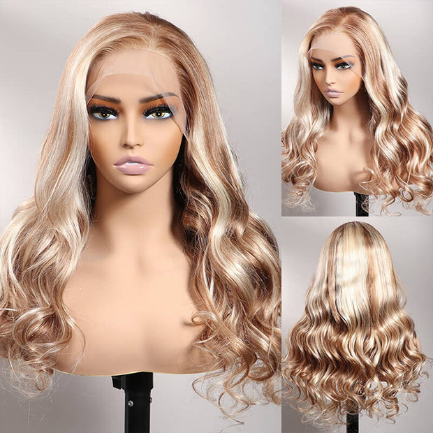 Light Brown Wig With Blonde Highlights And Dark Root 13x4 Undetectable Invisible HD Lace Front Human Hair Wigs