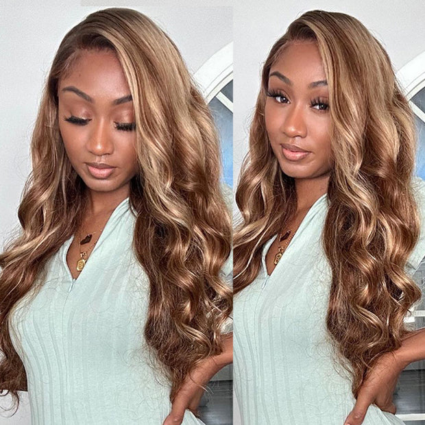 Piano Highlight 13x4 HD Lace Front Body Wave Honey Blonde 180% Density Human Hair Lace Frontal Wig