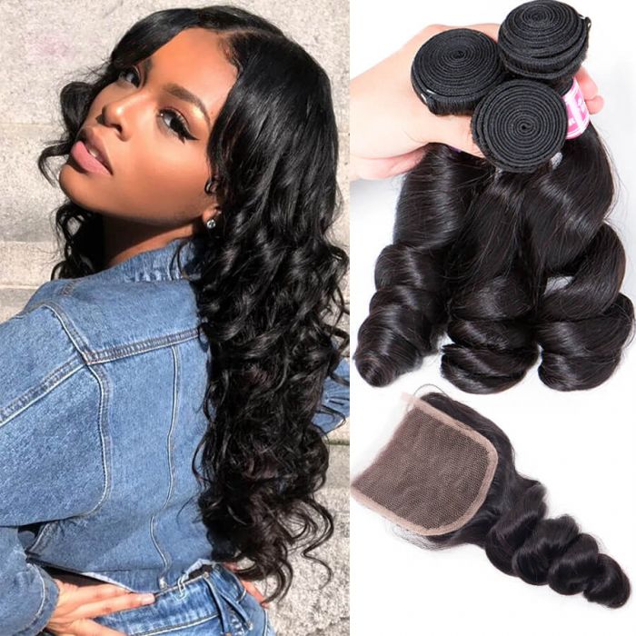 Loose Wave Human Hair 3 Bundles With 4*4 Lace Closure Free/Middle/Three Part 10A Unprocessed Virgin Hair