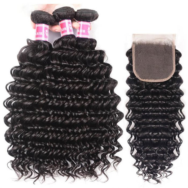 3 Bundles with Closure Brazilian Deep HD Lace Wave 10A Unprocessed Virgin Human Hair