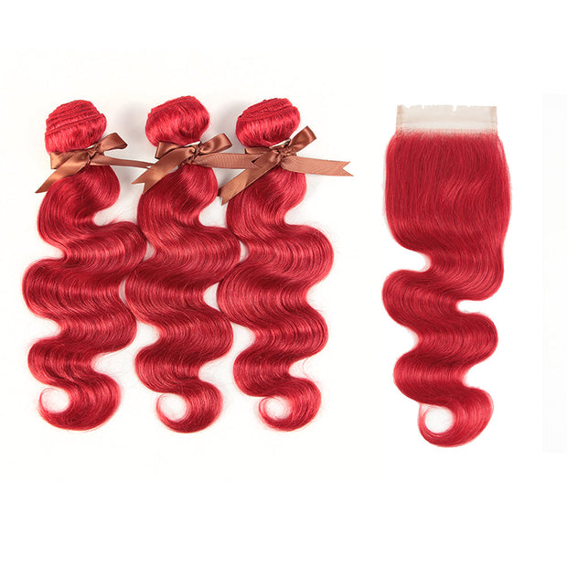 Red Brazilian Body Wave Bundles With Closure Remy Hair Weave Bunldes Hair Extensions