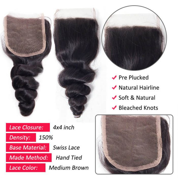 Loose Wave Human Hair 3 Bundles With 4*4 Lace Closure Free/Middle/Three Part 10A Unprocessed Virgin Hair