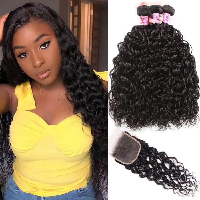 100% Virgin Hair Water Wave 3 Bundles With 4*4 Lace Closure Human Hair Extensions