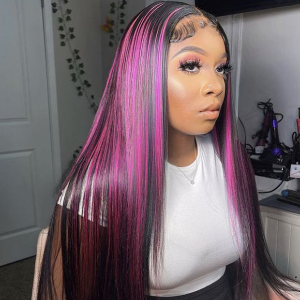 Violet Pink 4x4/5x5/13x4/13x6 HD Lace Front Wig Straight Hair & Body Wave Natural Black Color With Purple Highlights Human Hair Wigs