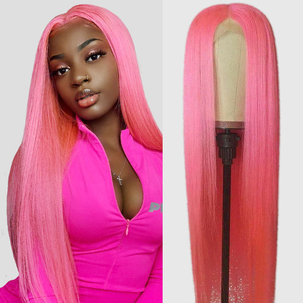 Red Pink Green  13x4 Bone Straight Lace Front Wig Human Hair Pre-plucked Frontal Wig