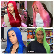 Red Pink Green  13x4 Bone Straight Lace Front Wig Human Hair Pre-plucked Frontal Wig