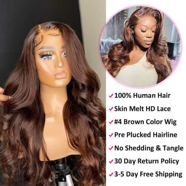 #4 Dark Brown Colored Human Hair Wigs 16-32 inch Skin Melt 13x4/13x6 HD Lace Front Wig