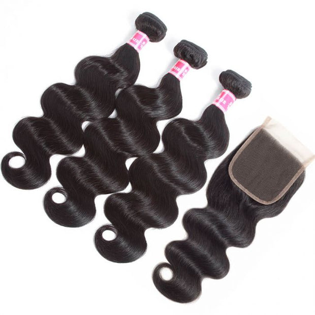 Brazilian Virgin Hair Body Wave 3 Bundles With 4x4 Lace closure 100% Human Hair