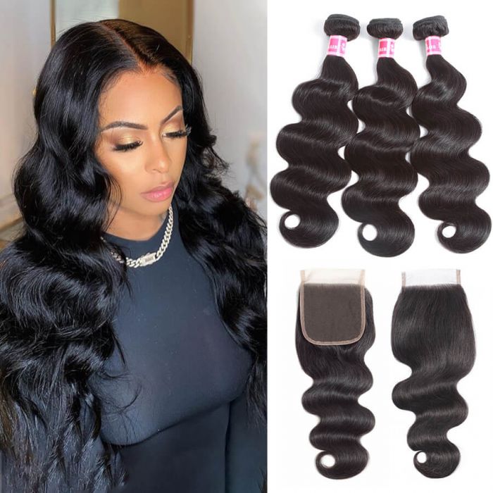 Brazilian Virgin Hair Body Wave 3 Bundles With 4x4 Lace closure 100% Human Hair