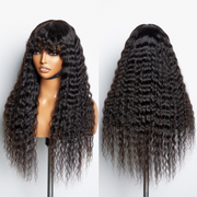 Boho-Chic | Romantic Bohemian Curly Minimalist Lace Glueless Long Wig with Cute Bangs 100% Human Hair