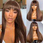 Chocolate Brown Wig With Bangs Straight Glueless Top 2x4 Lace Wig With Bangs