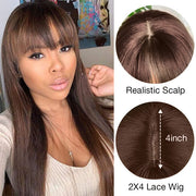 Chocolate Brown Wig With Bangs Straight Glueless Top 2x4 Lace Wig With Bangs